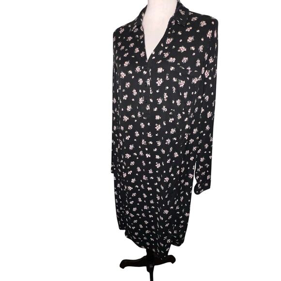 Market & Spruce 2X Black Floral Vasilisa Twill 1/4 Button Henley Shirt Dress - Picture 5 of 10